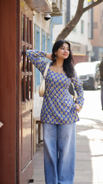 Blue Printed Handblock Short Kurti