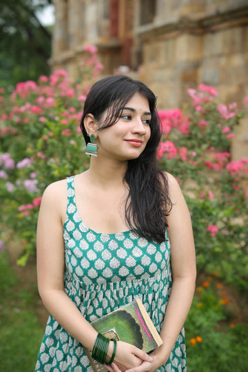 Green Printed Handblock Short Kurti