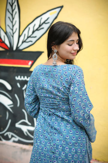 Blue Printed Handblock Short Kurti