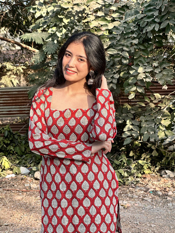 Red Printed Handblock Short Kurti